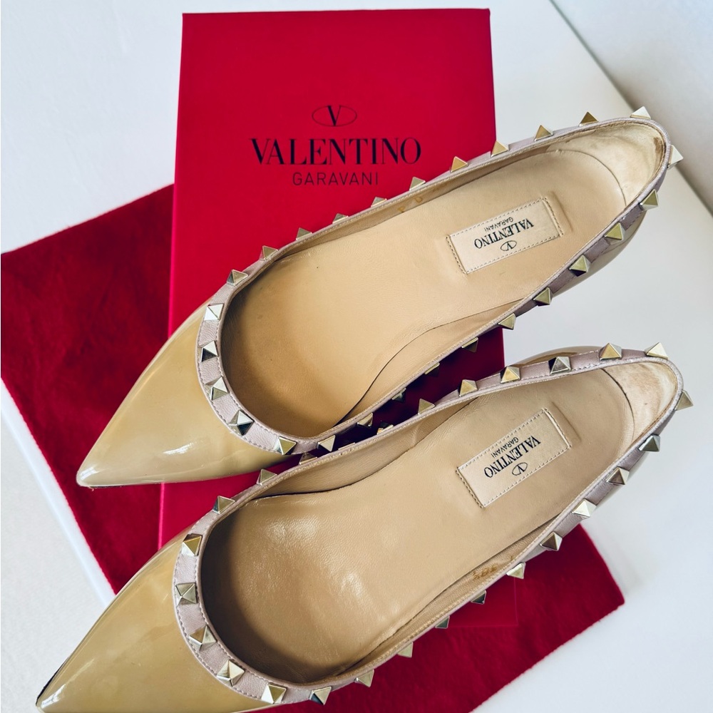 Valentino Beige Rockstud Pointed Toe Ballet Flats